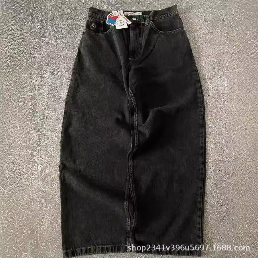 Vintage-Wash Denim Jeans with Y2K Hip-Hop Embroidery
