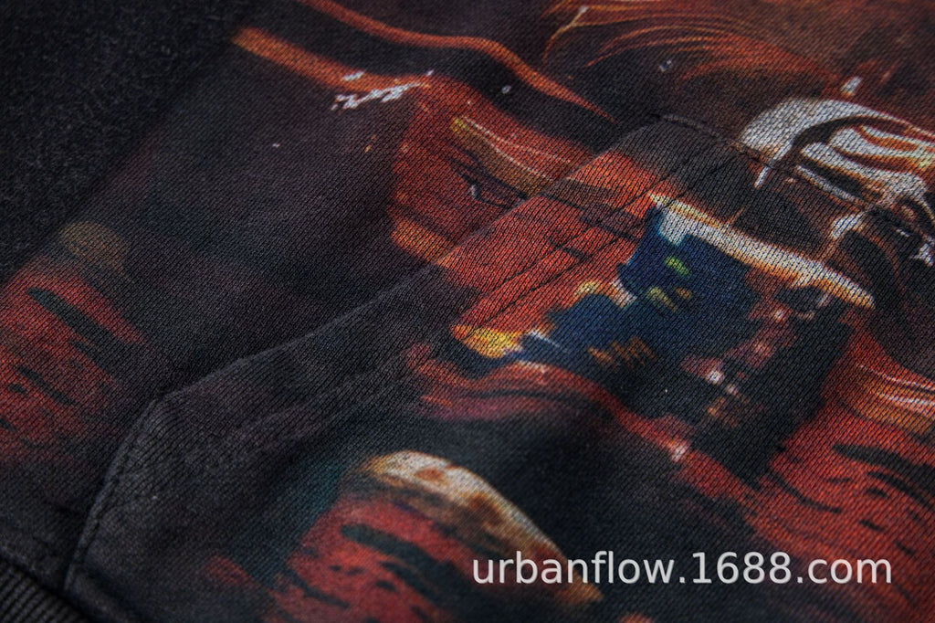Vintage-Washed Pure Cotton Hip-Hop/Streetwear Hoodie with Print
