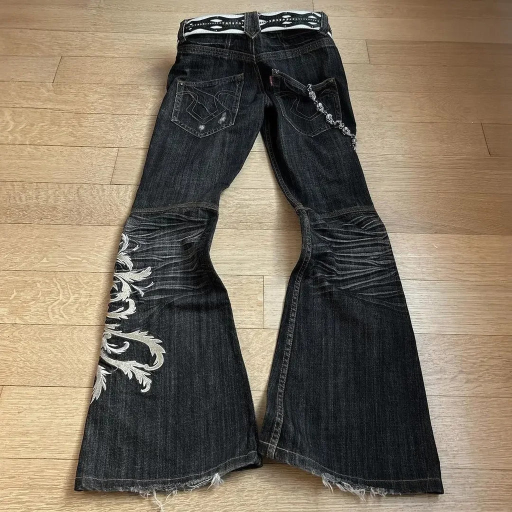 Y2K punk flared jeans, heavy embroidered jeans