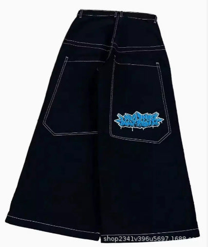 Vintage-Wash Denim Jeans with Y2K Hip-Hop Embroidery