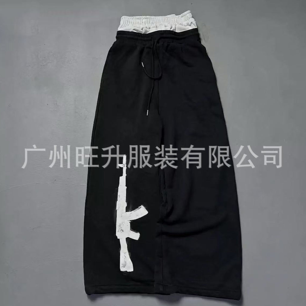 Street-Style Sweatpants with Embroidery and AK-47 Print