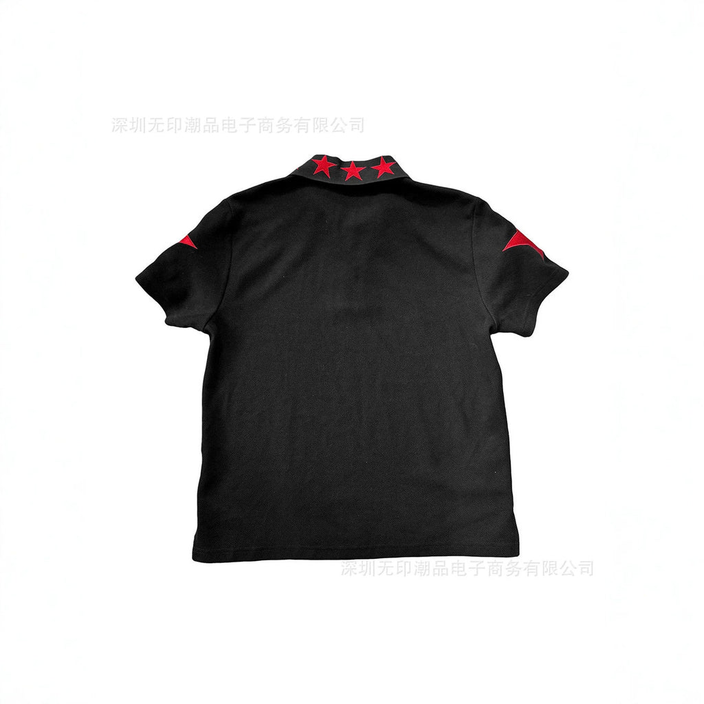 Dark-Style Polo Shirt with Cross and Star Print