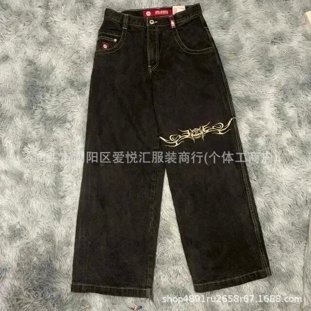 Vintage-Wash Denim Jeans with Y2K Hip-Hop Embroidery
