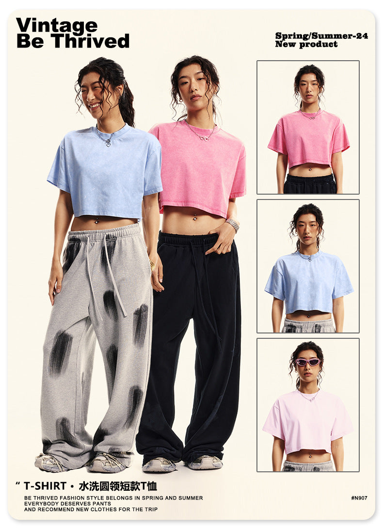 Yaviora Round Neck Crop Top Sexy Loose Short-Sleeve T-Shirt