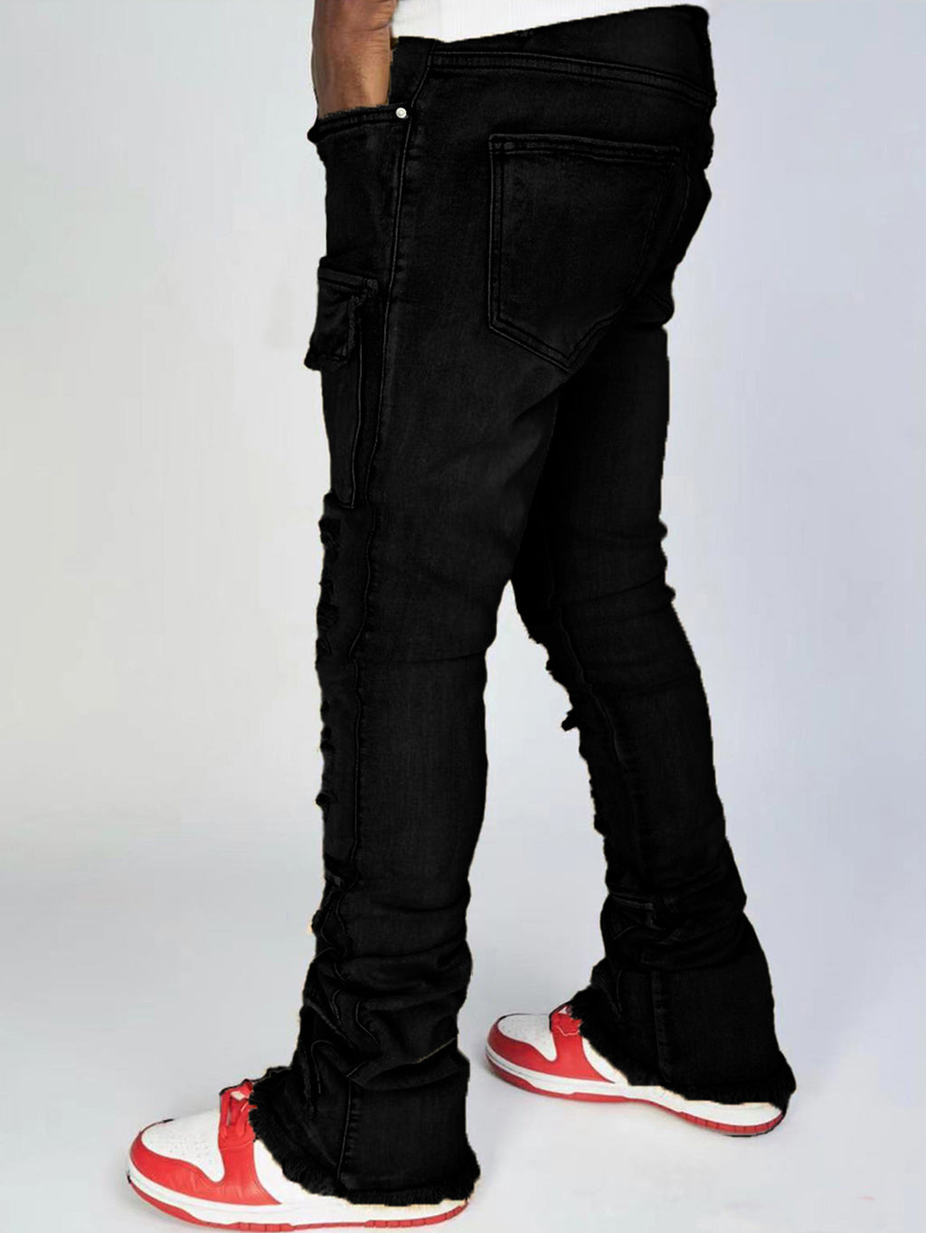 Stretch Ripped Denim Layered Flare Cargo Jeans