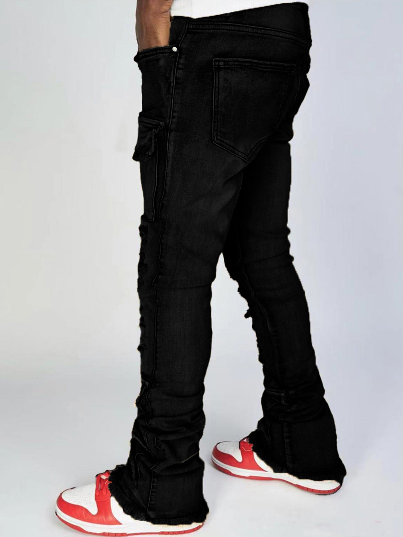 Stretch Ripped Denim Layered Flare Cargo Jeans
