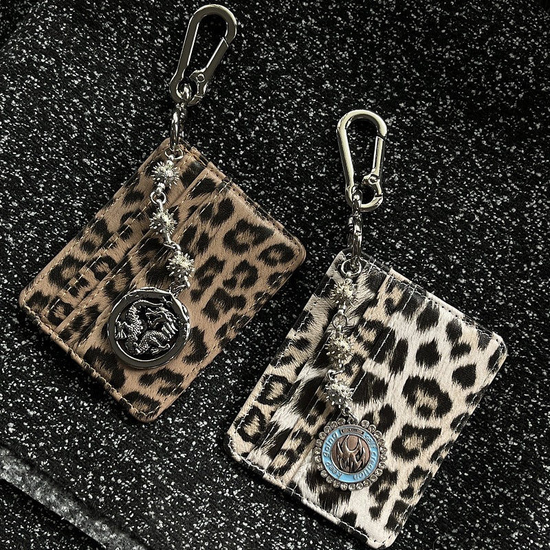 Leopard Print Keychain Card Holder with Dragon Charm