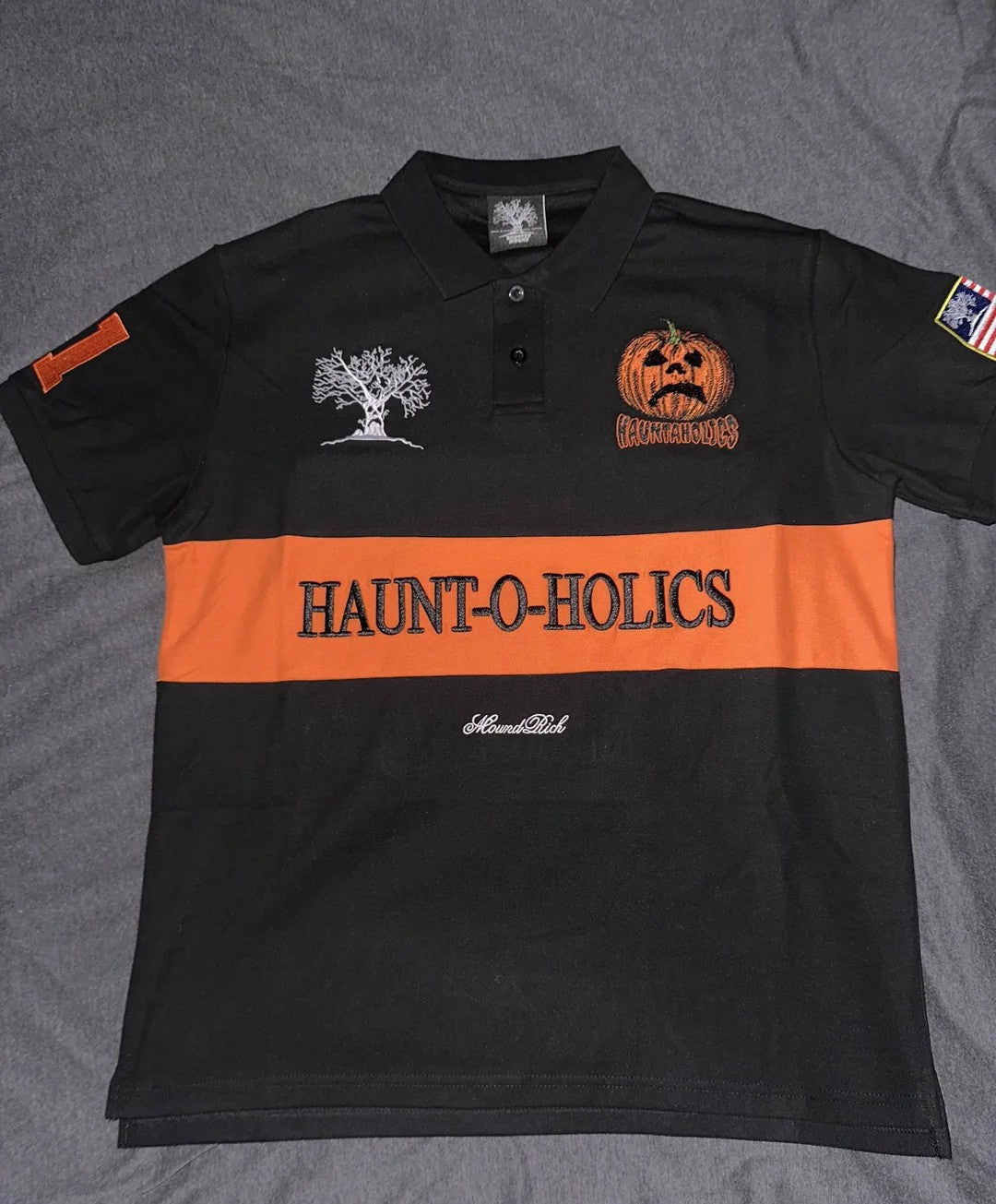 Fully embroidered Halloween pumpkin-head polo shirt