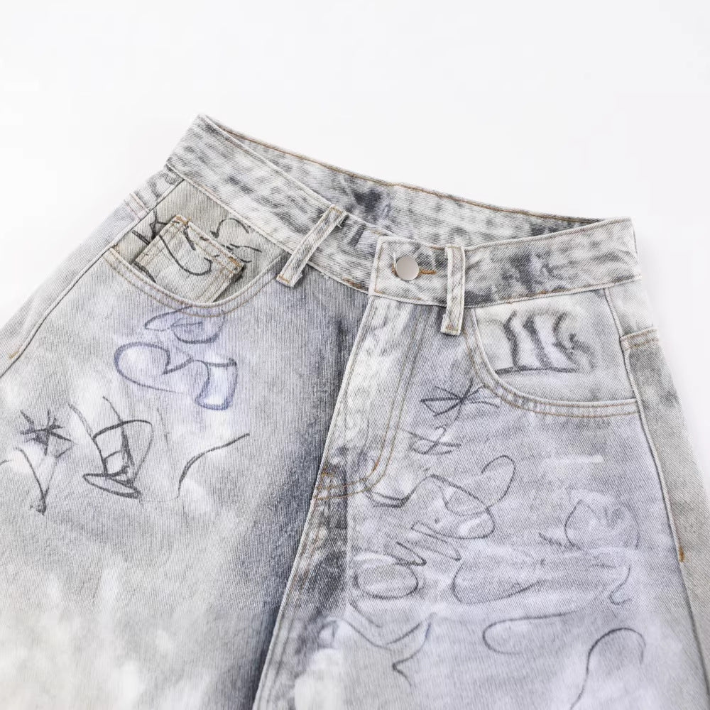 Yaviora American Style Printed Graffiti Jeans