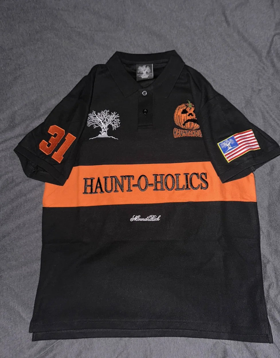 Fully embroidered Halloween pumpkin-head polo shirt