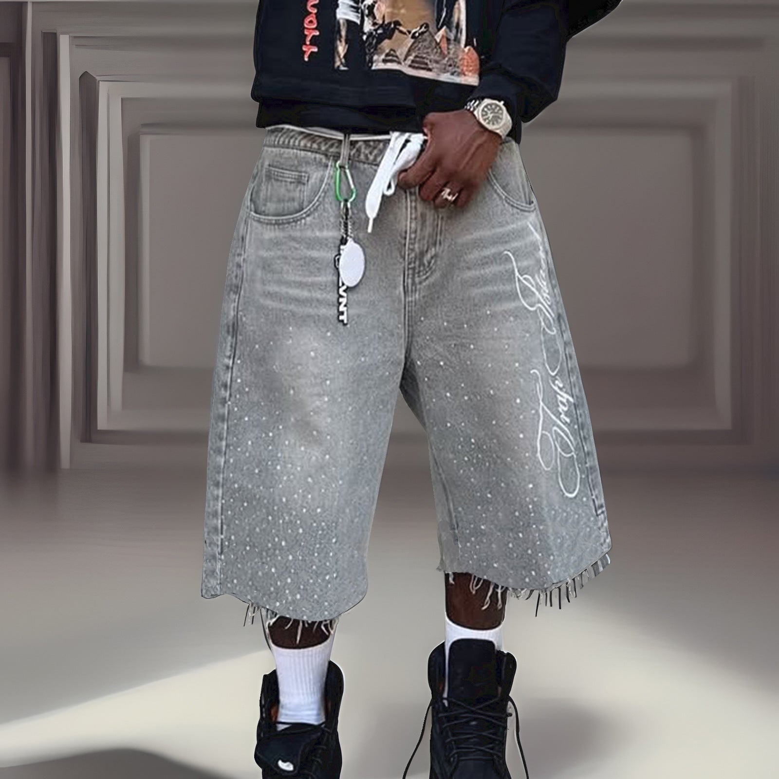 Y2K Straight Leg Wide Leg Distressed Loose Fit Capri Pants