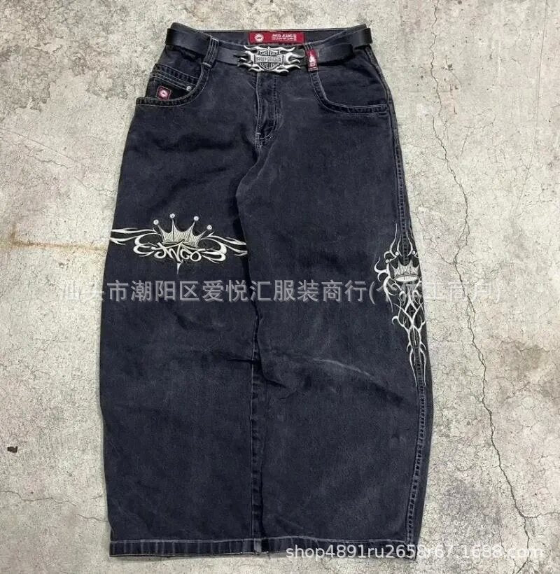 Vintage-Wash Denim Jeans with Y2K Hip-Hop Embroidery
