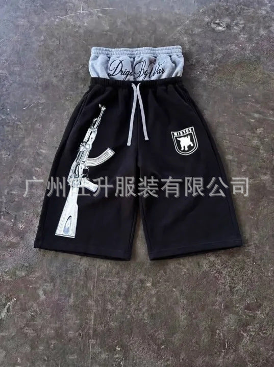 Street-Style Sweatpants with Embroidery and AK-47 Print