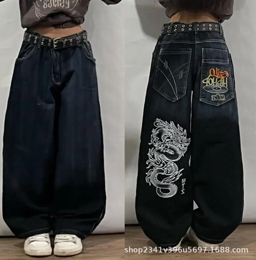 Vintage-Wash Denim Jeans with Y2K Hip-Hop Embroidery
