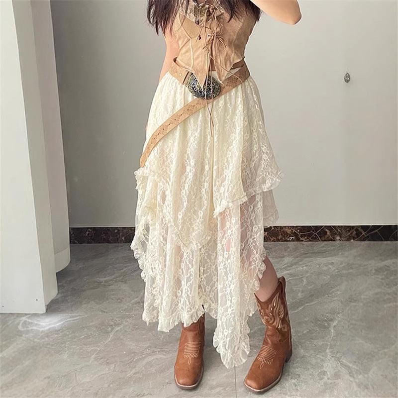Bohemian-style high-waisted lace maxi skirt with a wavy hem.