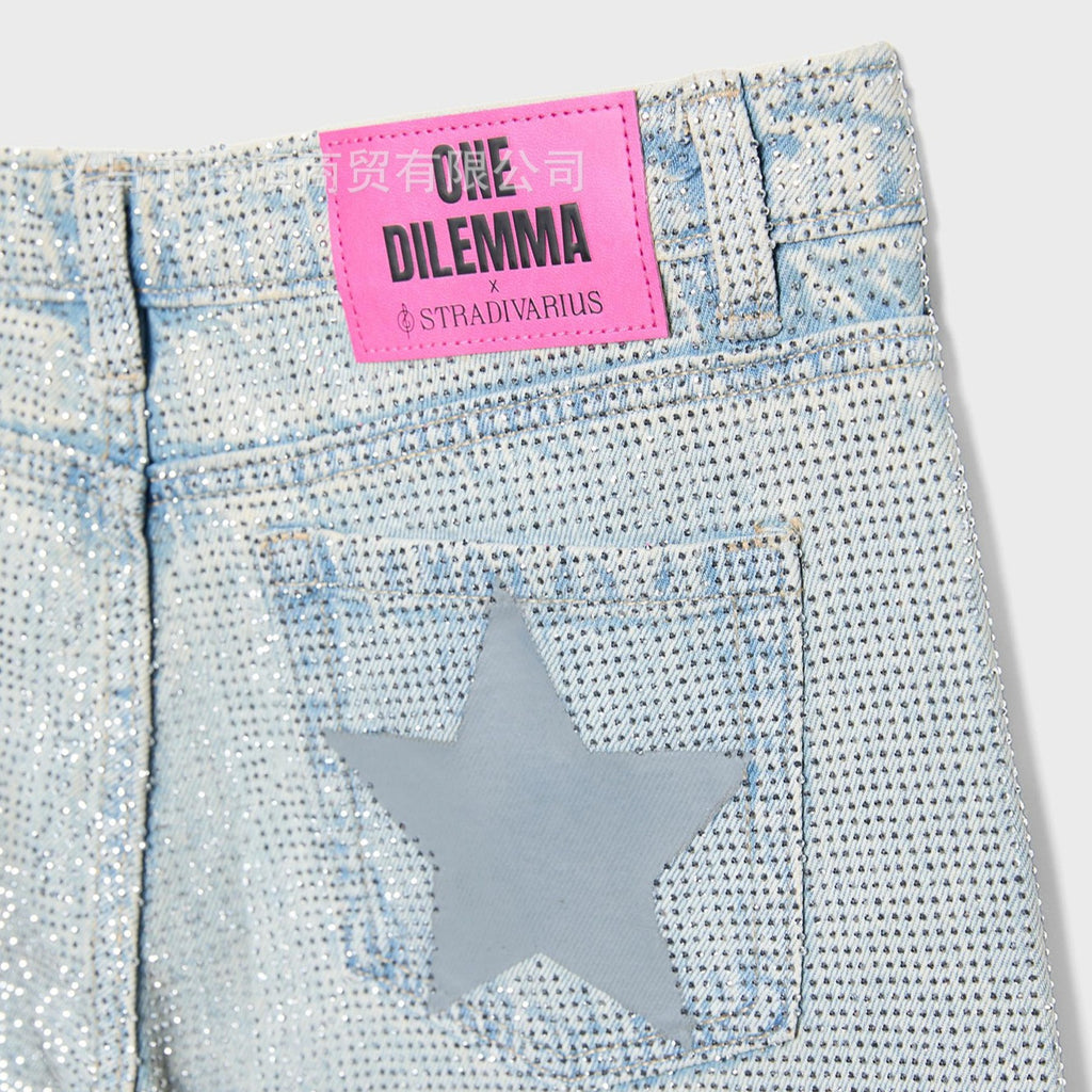 Star Print Rhinestone Embroidered Jeans