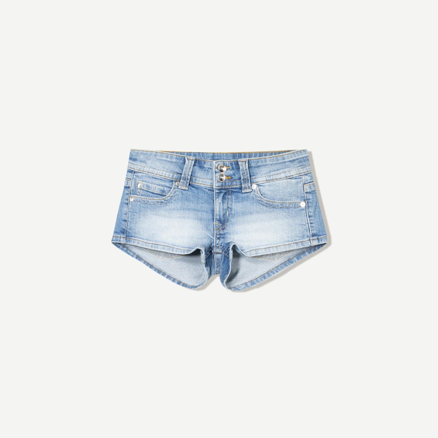 Edgy low-rise double-button denim shorts—hip-hugging hot pants.