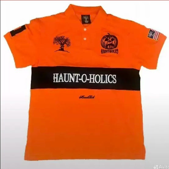 Fully embroidered Halloween pumpkin-head polo shirt