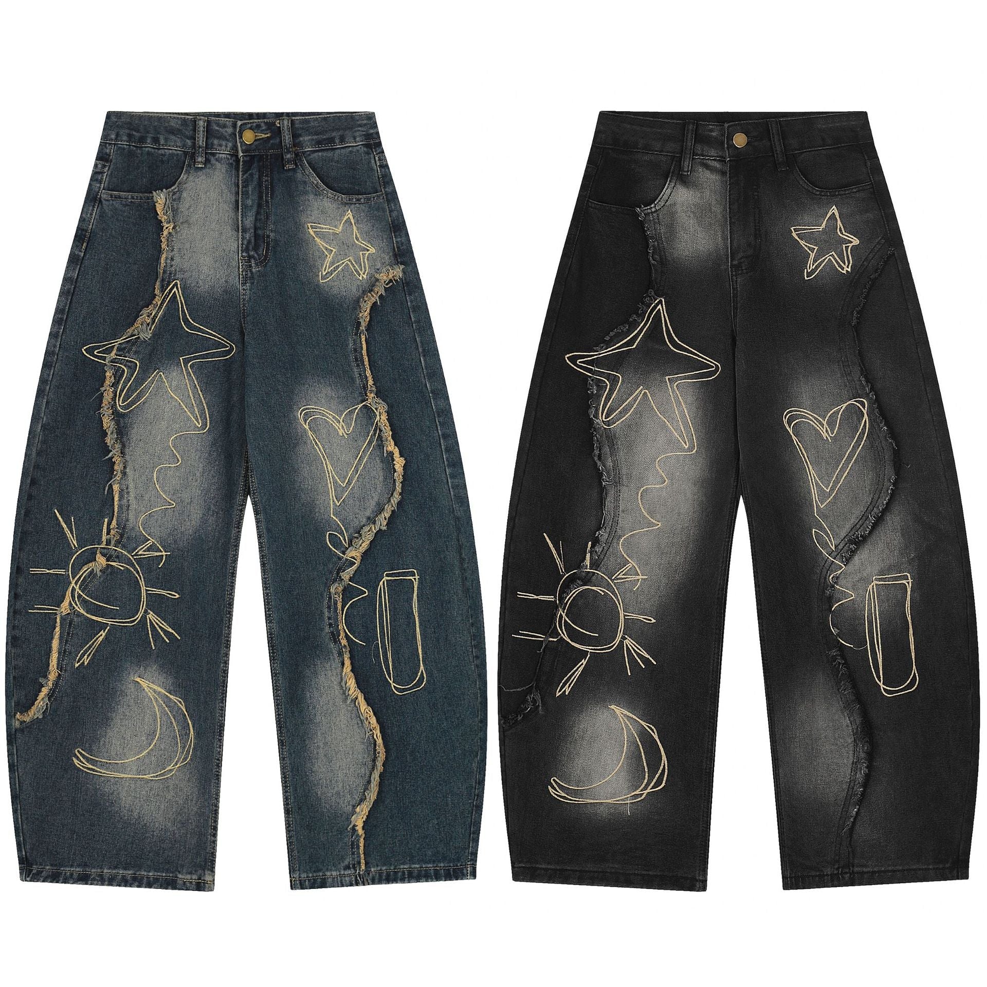 YAVIORA Embroidered Frayed Jeans