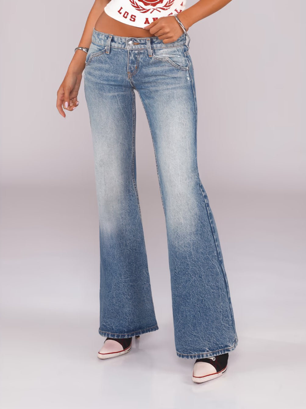 Y2K Patchwork Loose-Fit Low-Rise Jeans with Fold-Over Waistband