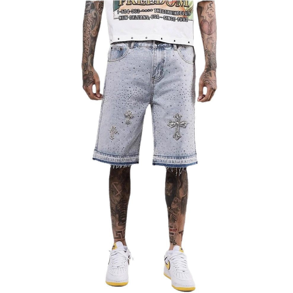Full rhinestone hip-hop cross hot-fix denim shorts