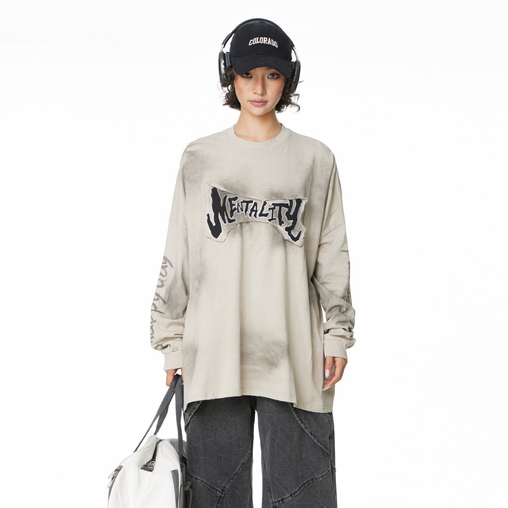 YAVIORA distressed tee with patchwork embroidery