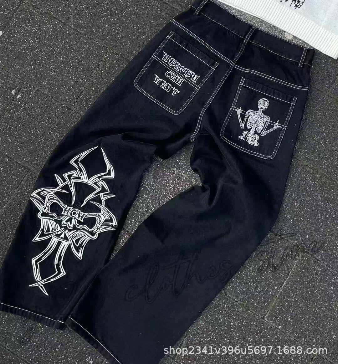 Vintage-Wash Denim Jeans with Y2K Hip-Hop Embroidery
