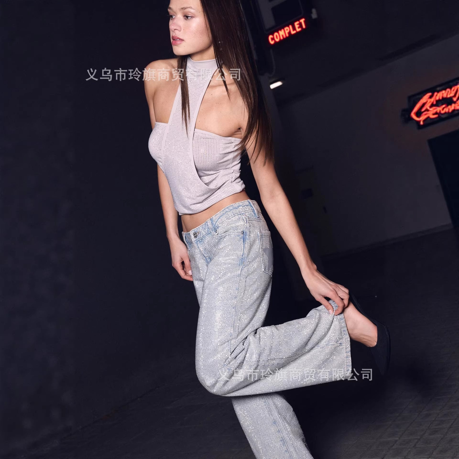 Star Print Rhinestone Embroidered Jeans