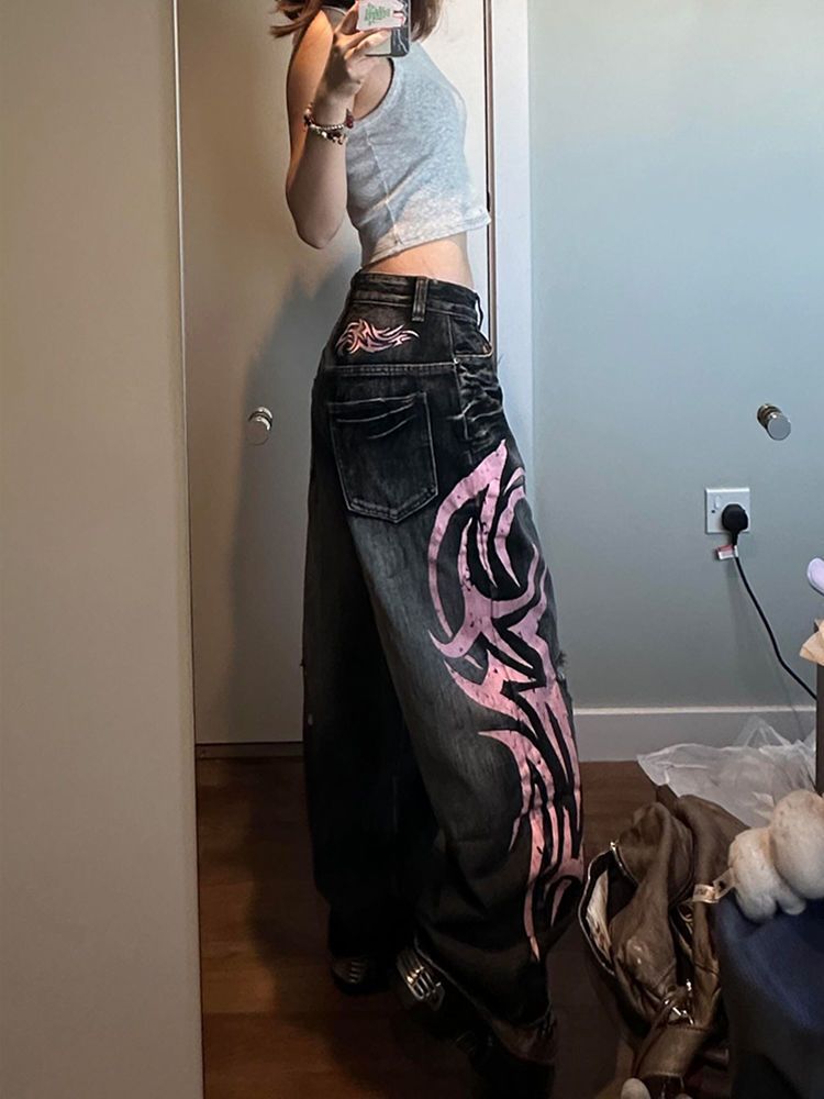 Y2K Hip-Hop Style Washed, Distressed, and Printed Jeans