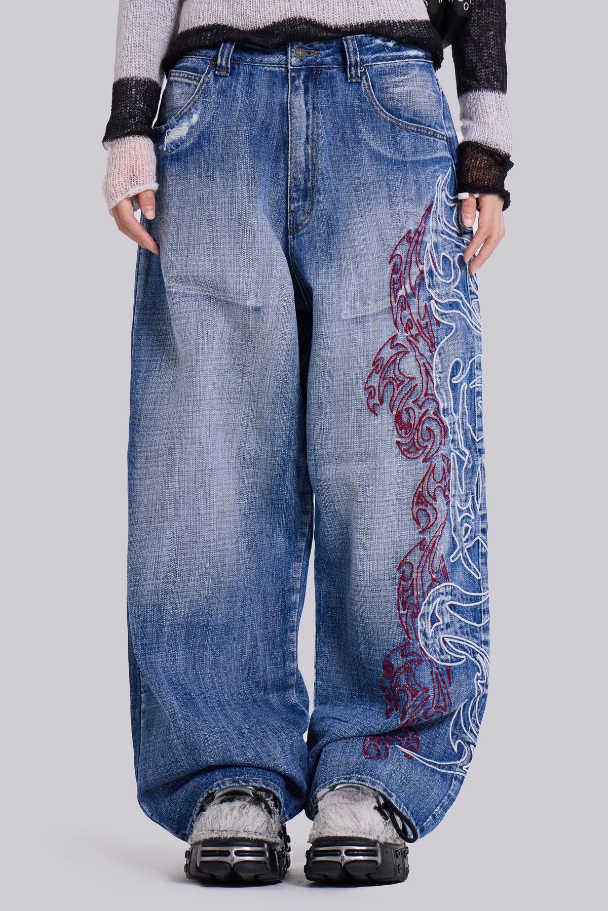 Y2K Hip-Hop Style Washed, Distressed, and Printed Jeans