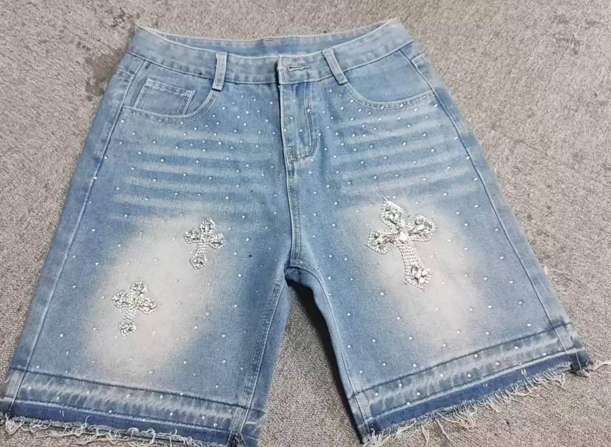 Full rhinestone hip-hop cross hot-fix denim shorts