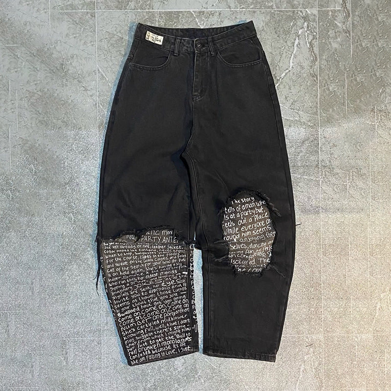 Y2K Men's Hip-Hop Jeans with American-Style Graphic Lettering