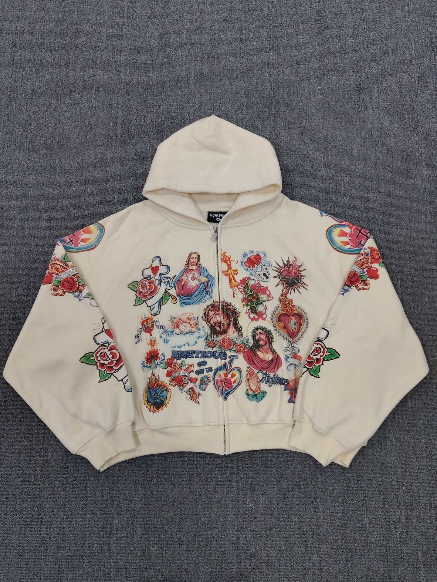 Jesus Sacred Heart Rose Print Cropped Zip‑Up Hoodie Y2K Vintage Streetwear