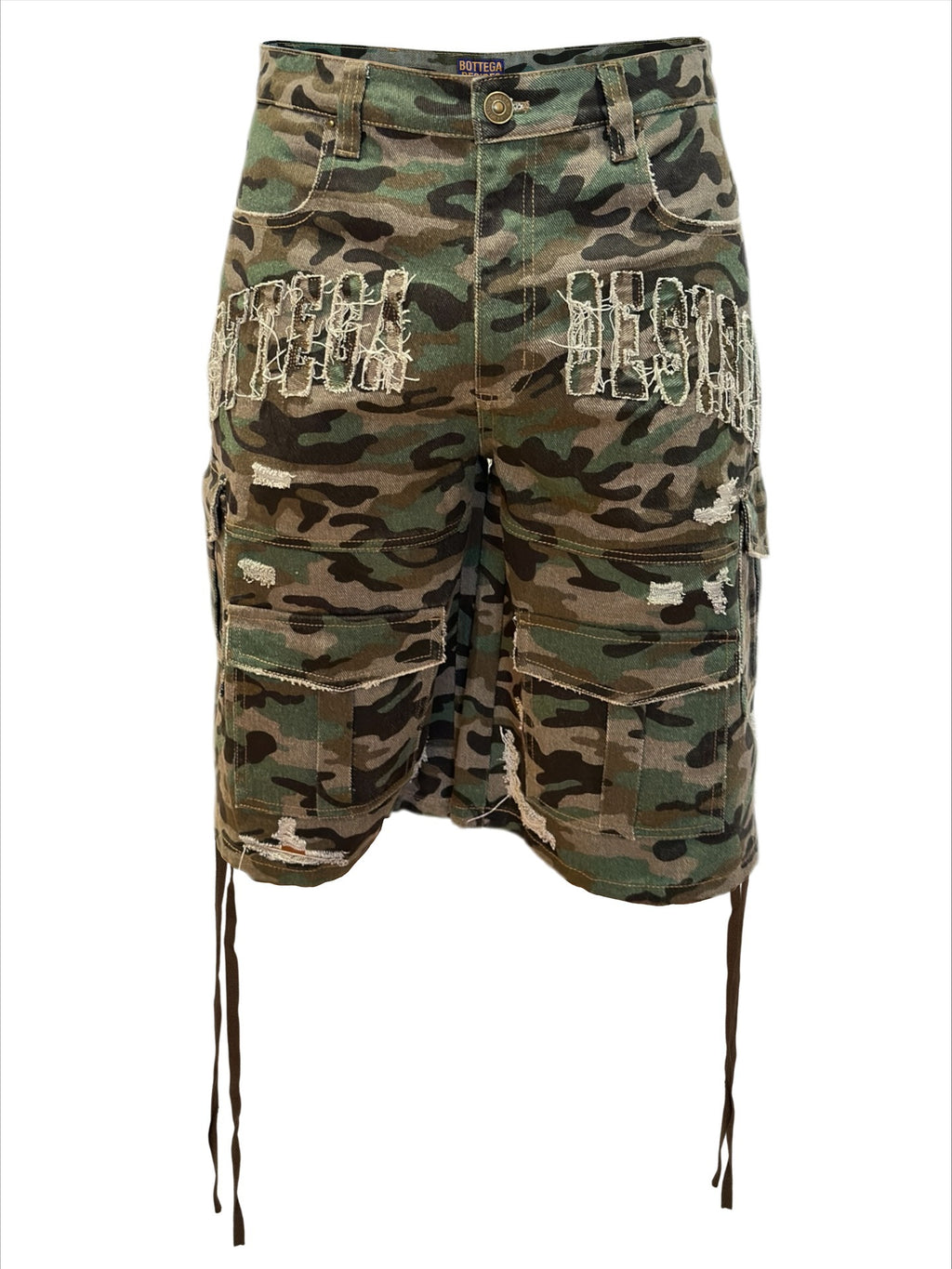 Camouflage Distressed Denim Cargo Shorts