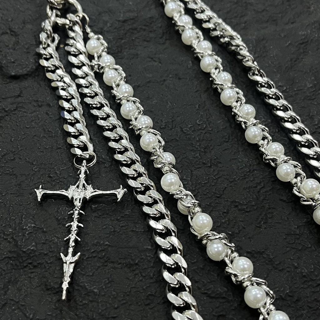 Silver Layered Wallet Chain Pearl Cross Pendant Men