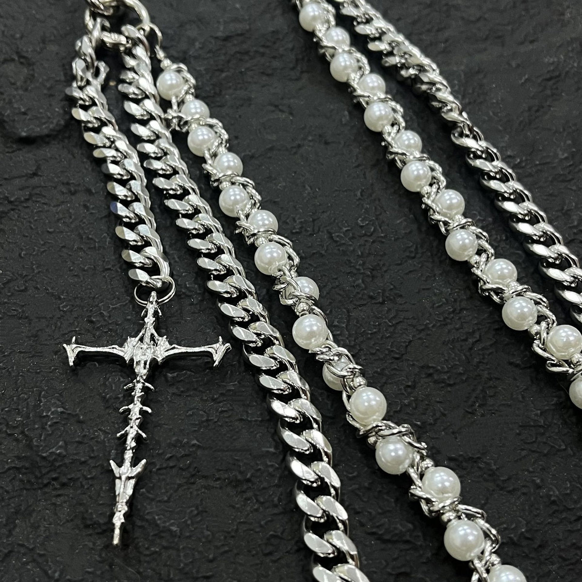 Silver Layered Wallet Chain Pearl Cross Pendant Men