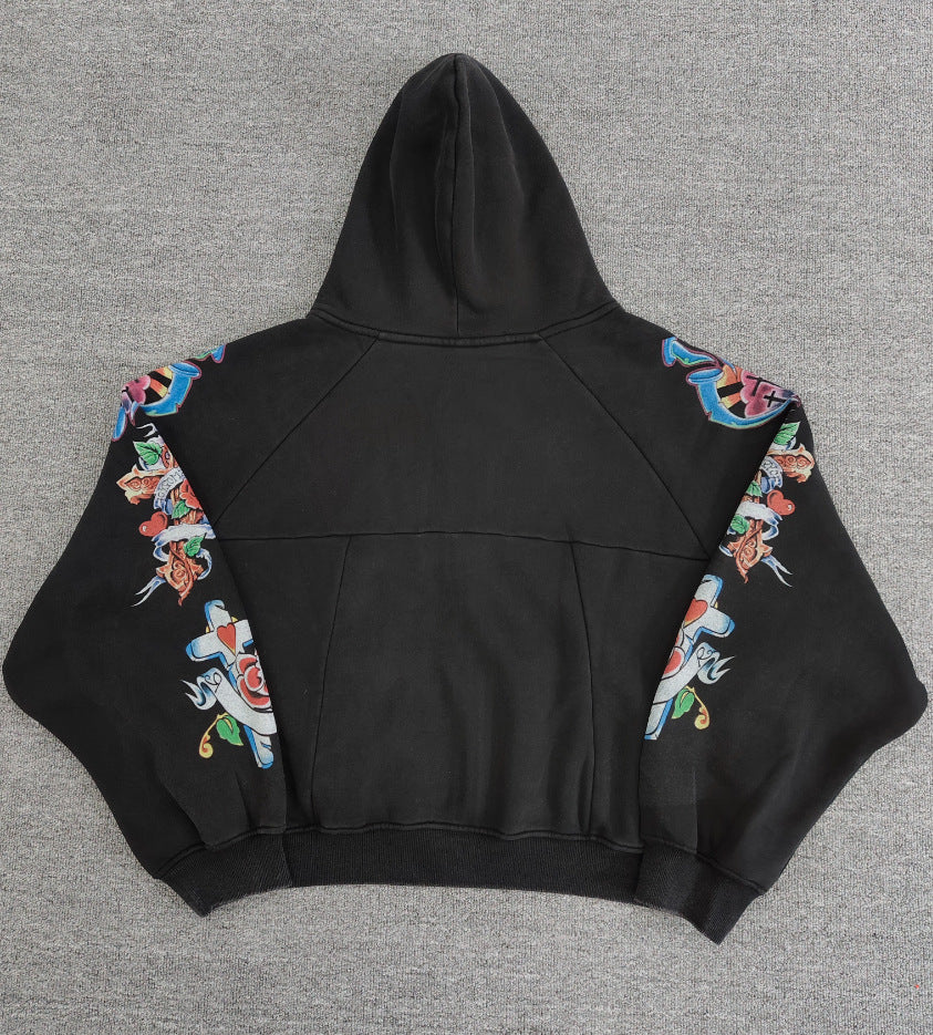 Jesus Sacred Heart Rose Print Cropped Zip‑Up Hoodie Y2K Vintage Streetwear