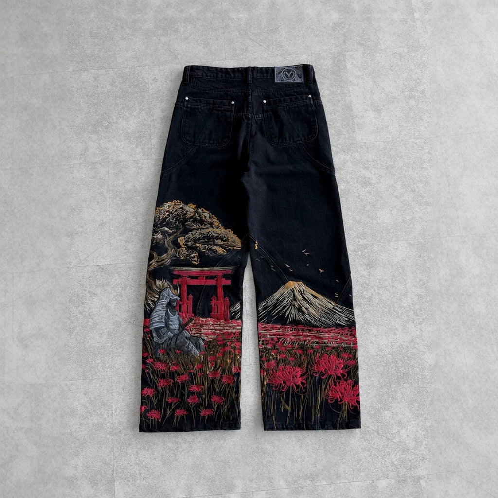 Vintage-Style Wide-Leg Jeans with Intricate Embroidery
