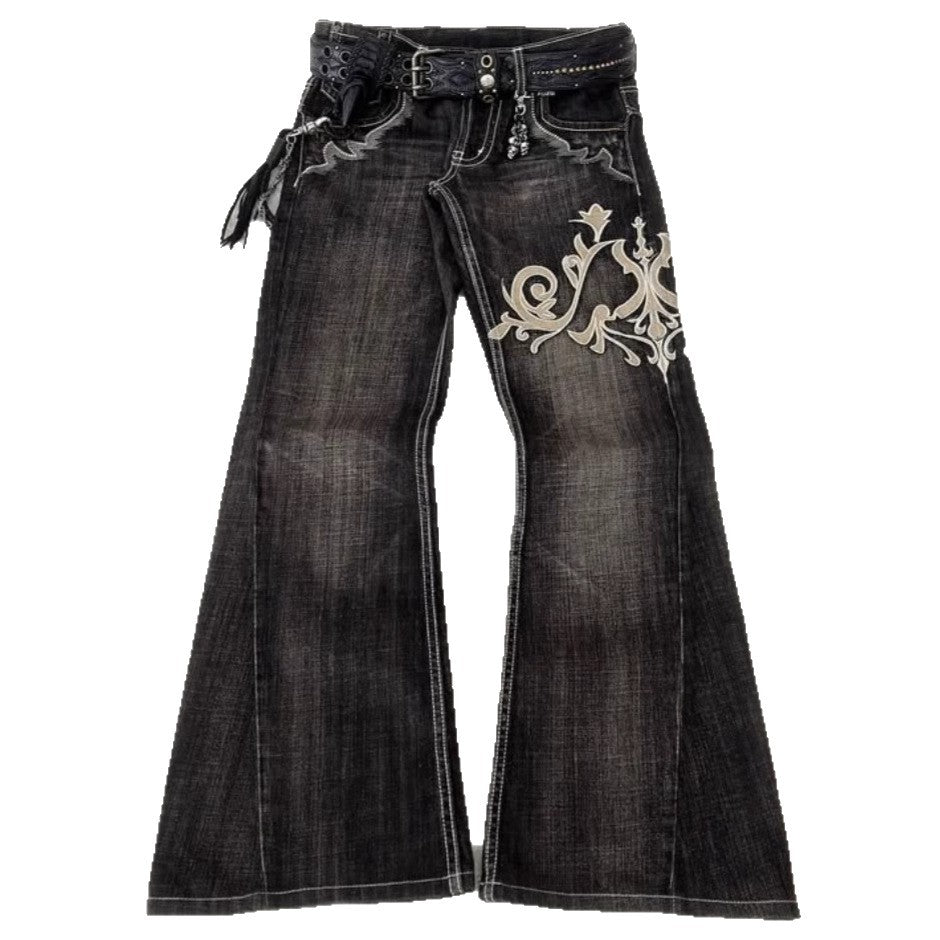 Y2K Dark-Style Patchwork Embroidered Flare Jeans