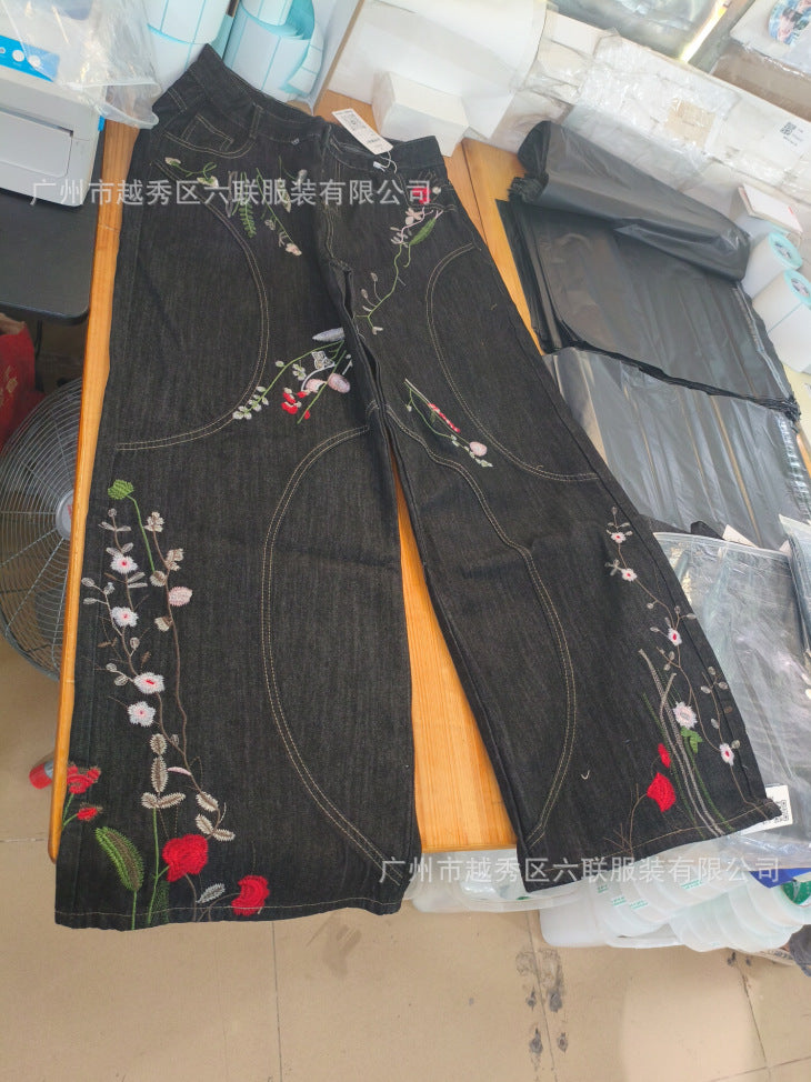Y2K loose-fit wide-leg patchwork trousers with floral embroidery
