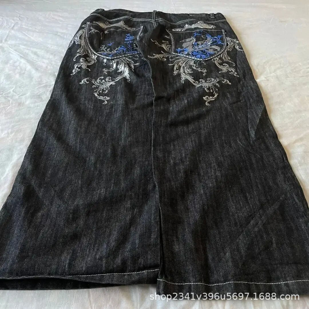 Vintage-Wash Denim Jeans with Y2K Hip-Hop Embroidery