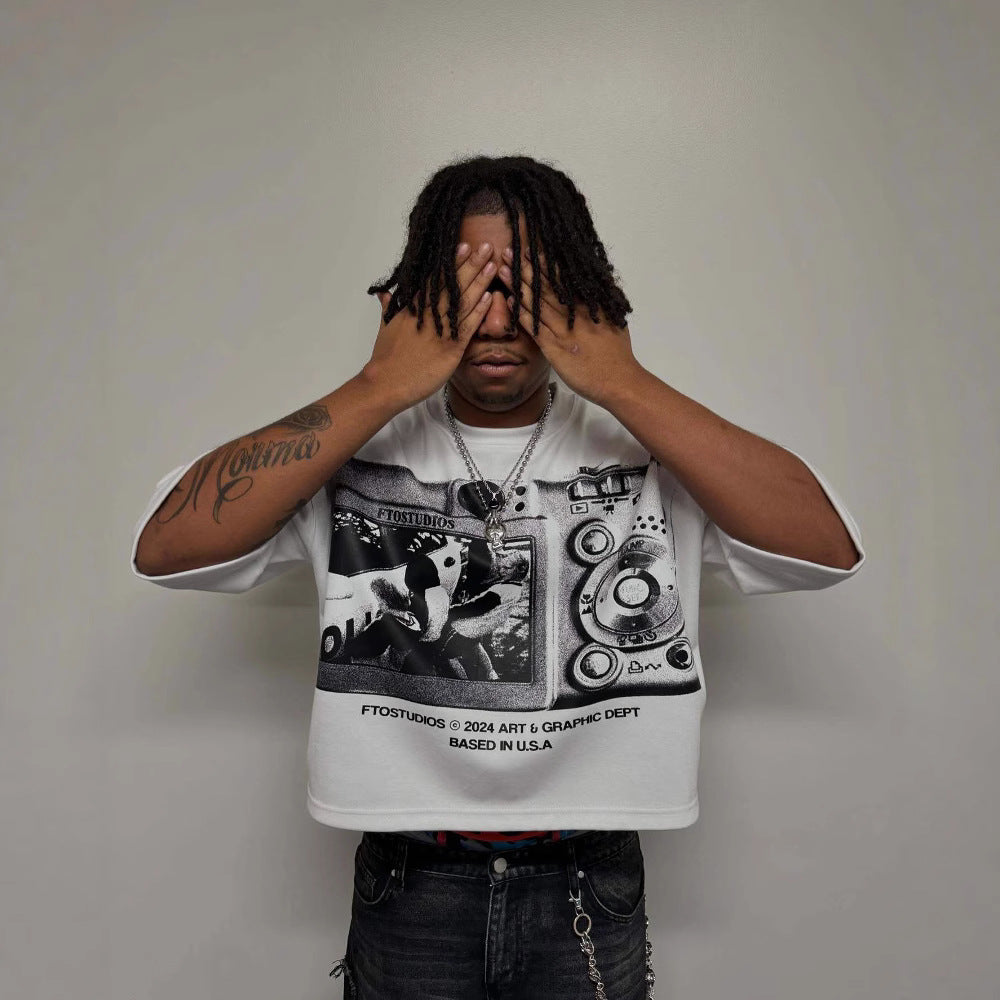 Street-style graffiti and vinyl record print T-shirt