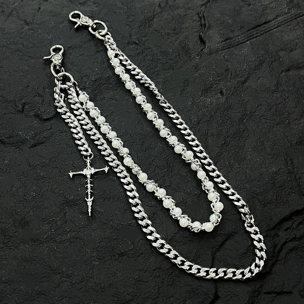 Silver Layered Wallet Chain Pearl Cross Pendant Men