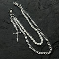 Silver Layered Wallet Chain Pearl Cross Pendant Men