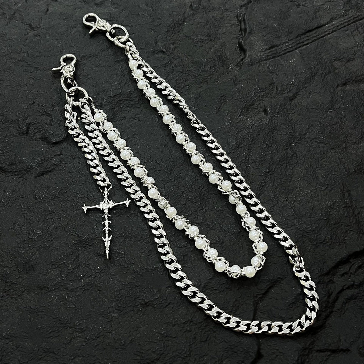 Silver Layered Wallet Chain Pearl Cross Pendant Men