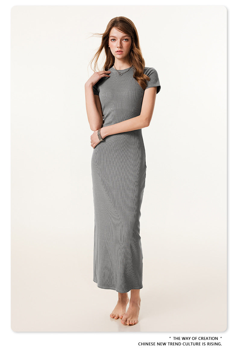 Yaviora Short-Sleeve Long Dress Slim Fit Bodycon Slit Skirt