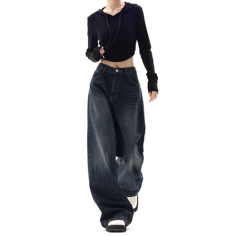 American Retro Y2K Blue Wide-Leg Denim Pants