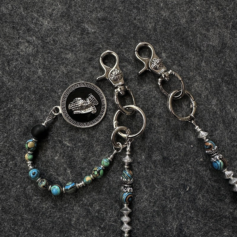 Beaded Keychain Turquoise Stone Silver Coin Charm