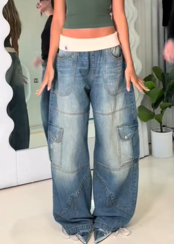 Y2K Patchwork Loose-Fit Low-Rise Jeans with Fold-Over Waistband