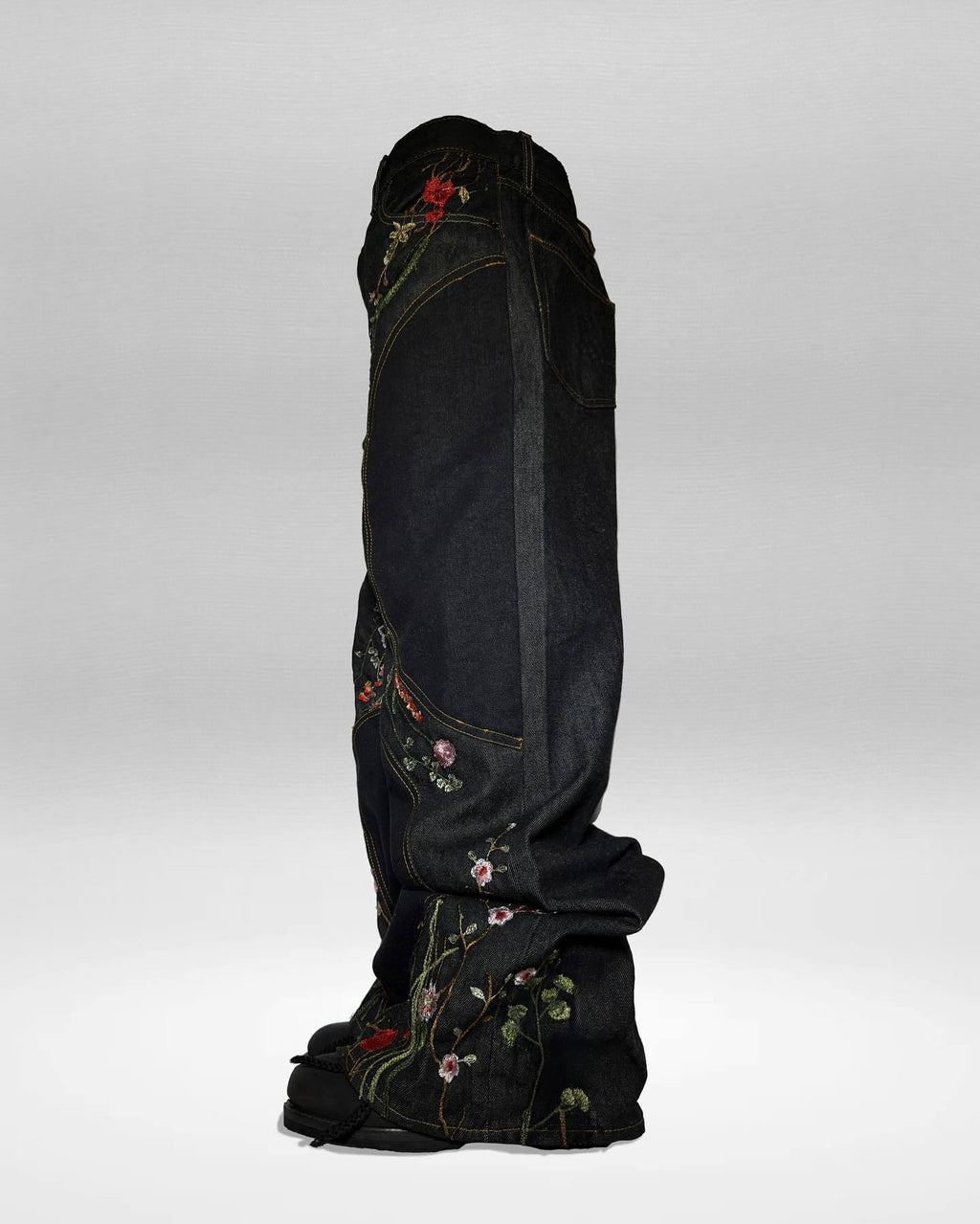 Y2K loose-fit wide-leg patchwork trousers with floral embroidery